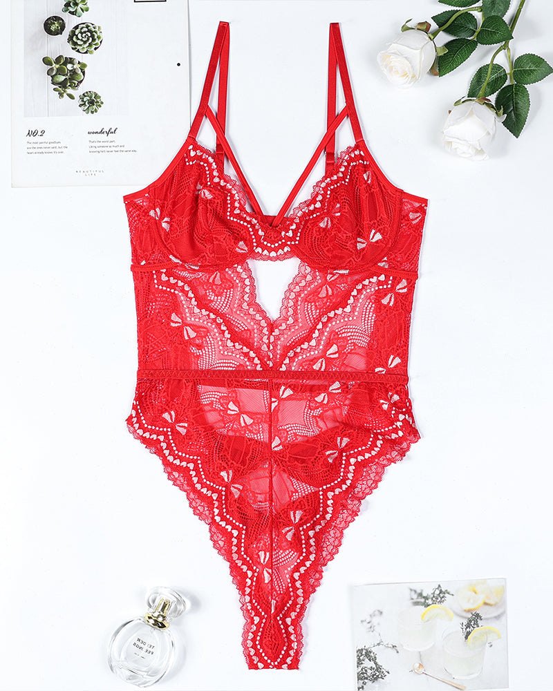 Bow Embroidery Cutout Lace Bodysuit - Lingerie Bodysuit for Women