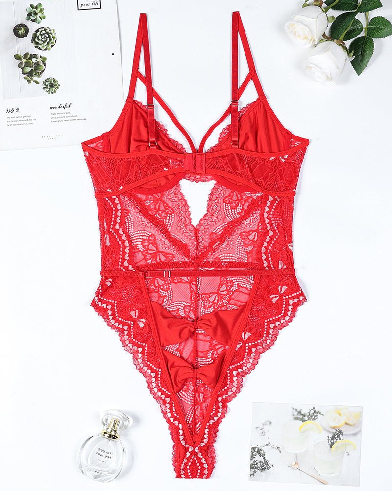 Bow Embroidery Cutout Lace Bodysuit - Lingerie Bodysuit for Women