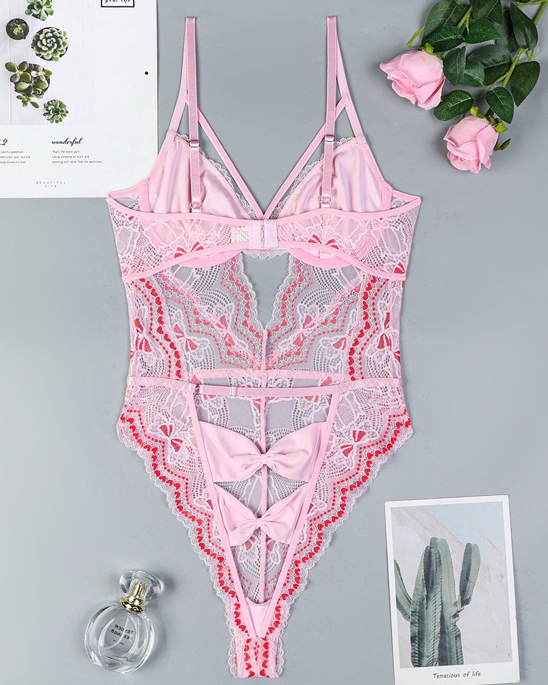 Bow Embroidery Cutout Lace Bodysuit - Lingerie Bodysuit for Women