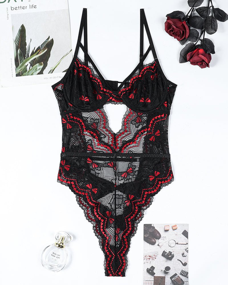 Bow Embroidery Cutout Lace Bodysuit - Lingerie Bodysuit for Women