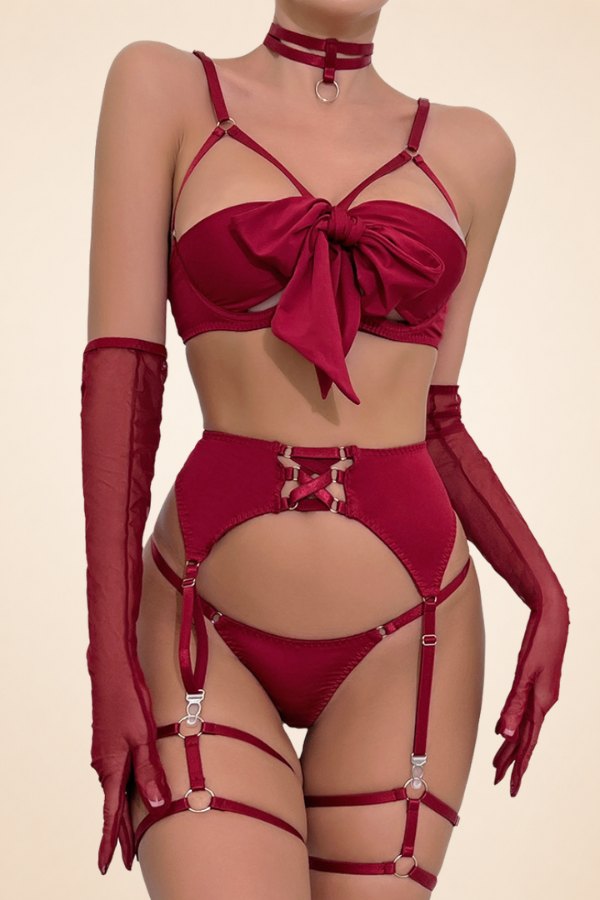 Bow Knot Strappy Garter Set - Garter Lingerie Set
