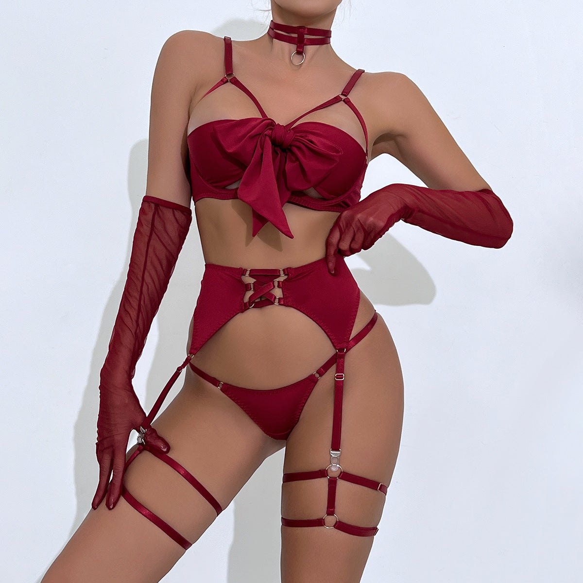 Bow Knot Strappy Garter Set - Garter Lingerie Set