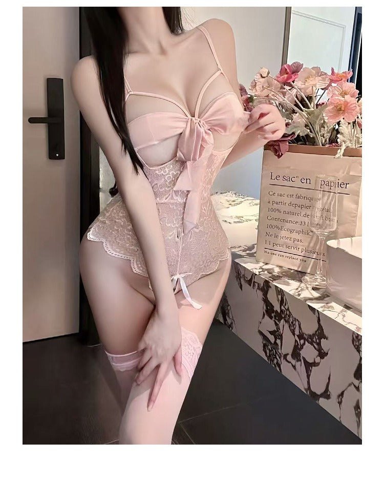 Bow Tie Cutout Mesh Bodysuit - Teddy Lingerie for Women