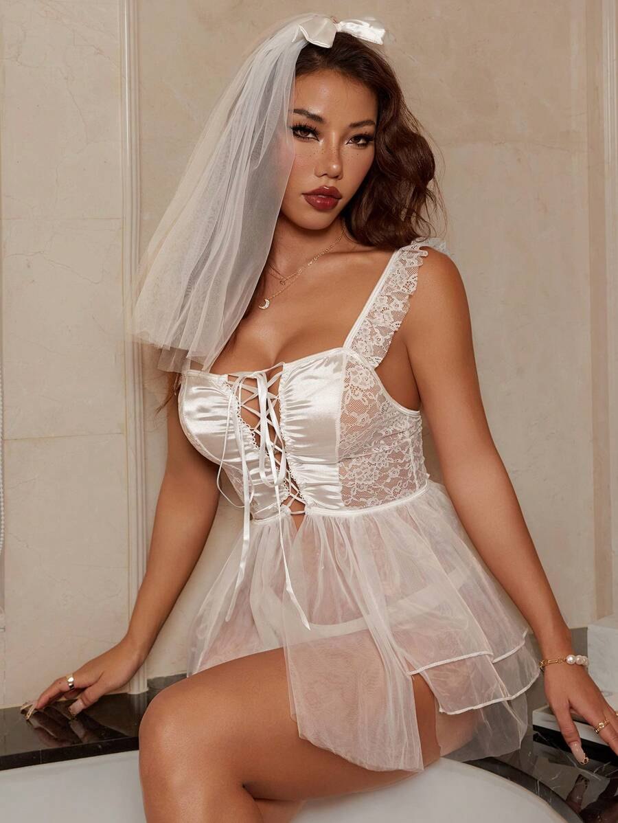 Bridal Satin Lace Corset Set - Sexy Babydoll Lingerie