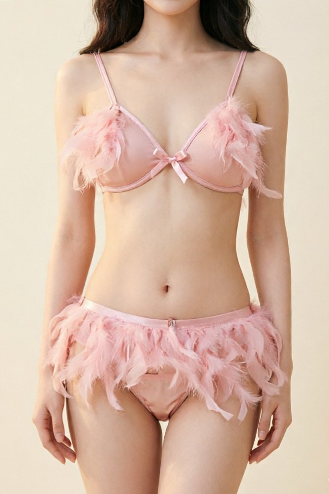Bunny Tail Feather Trim Bra Set - Lingerie Set for Women