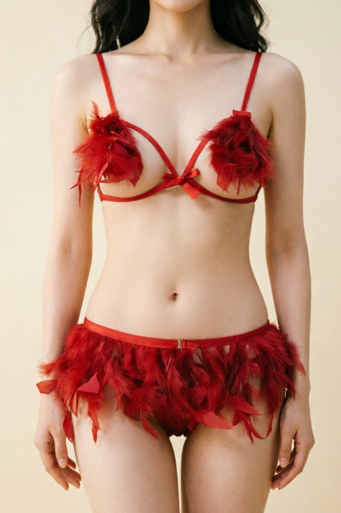 Bunny Tail Feather Trim Bra Set - Lingerie Set for Women