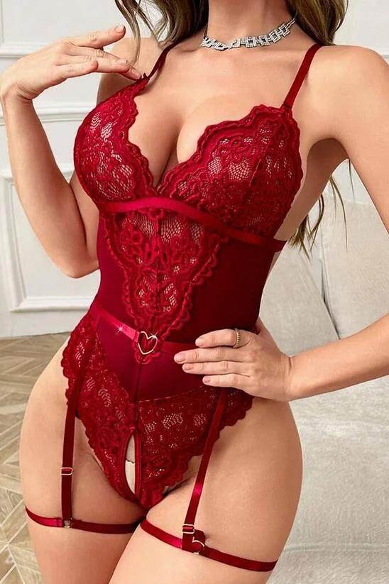 Burgundy Lace Garter Bodysuit - Sheer Lace Lingerie Set
