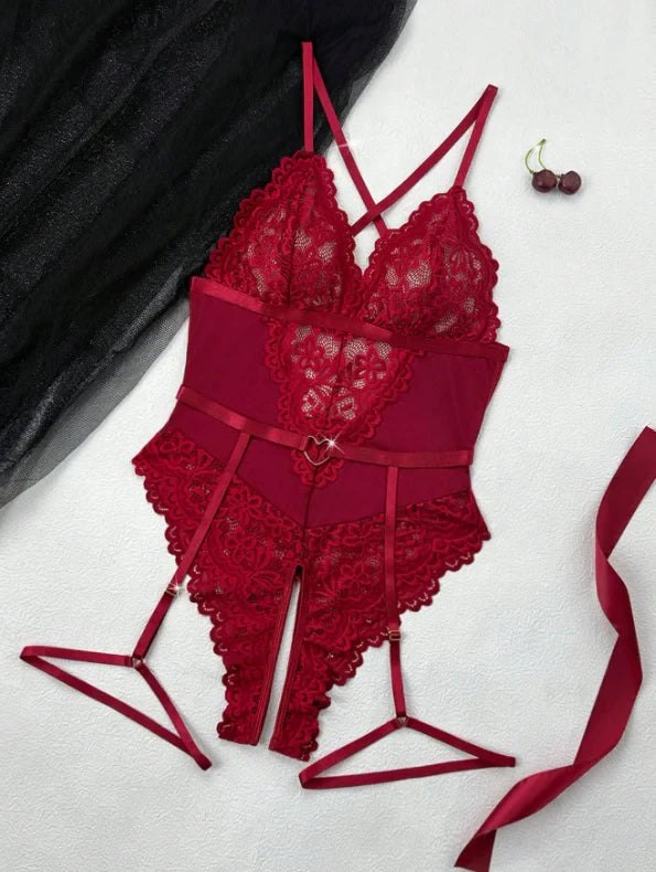 Burgundy Lace Garter Bodysuit - Sheer Lace Lingerie Set