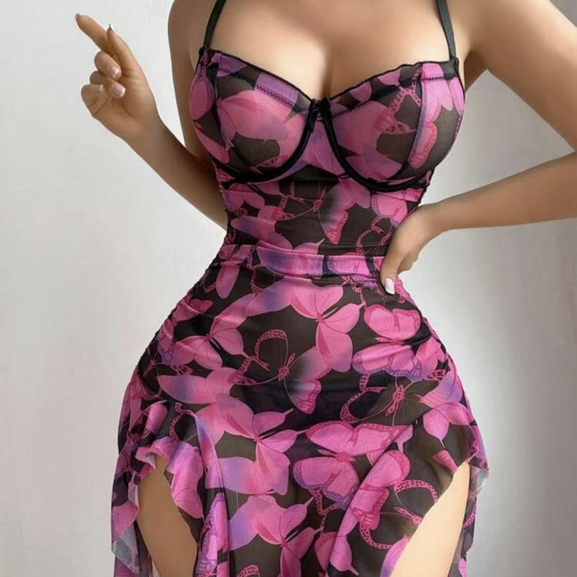 Butterfly Print Mesh Dress - Chemise Lingerie