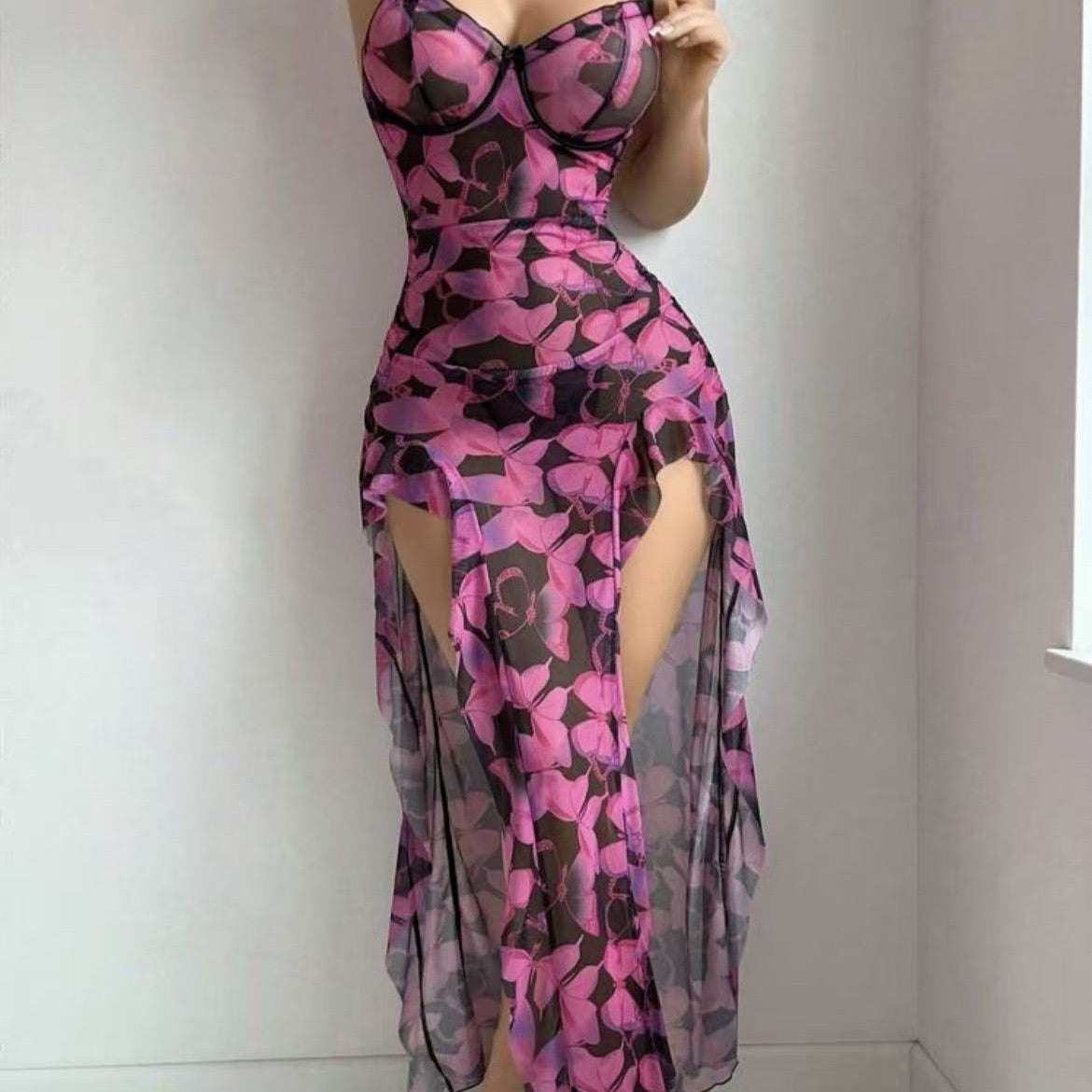 Butterfly Print Mesh Dress - Chemise Lingerie