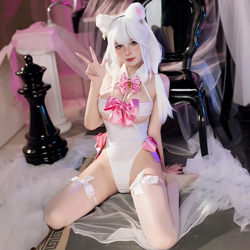 Cat Cosplay Satin Bow Bodysuit - Sexy Roleplay Costume
