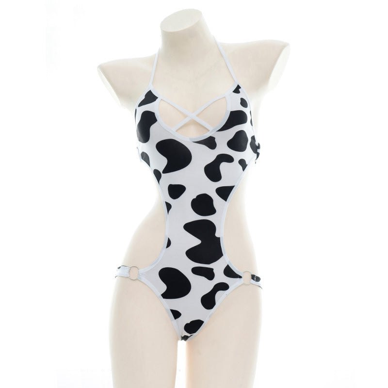 Cow Print Halter Cutout Bodysuit - Lingerie Bodysuit for Women