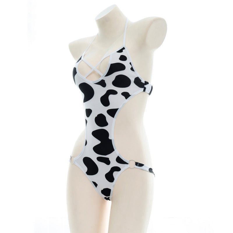 Cow Print Halter Cutout Bodysuit - Lingerie Bodysuit for Women