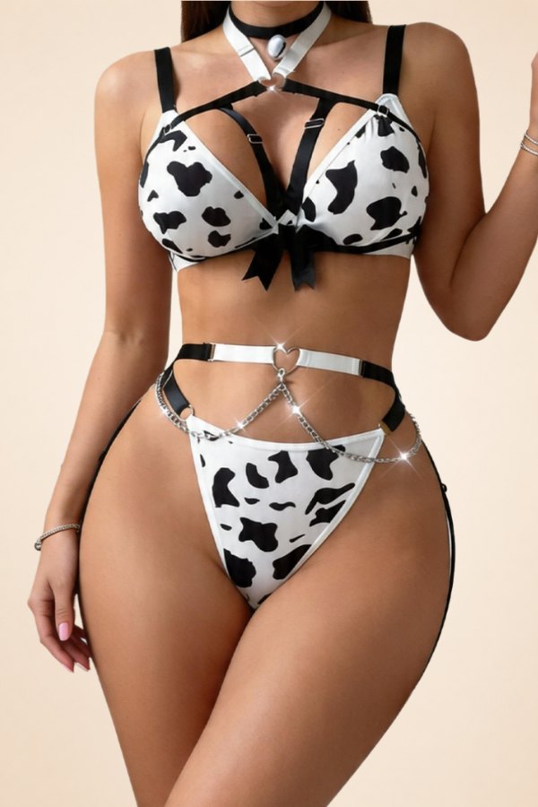 Cow Print Strappy Harness Set - Bra and Panty Set
