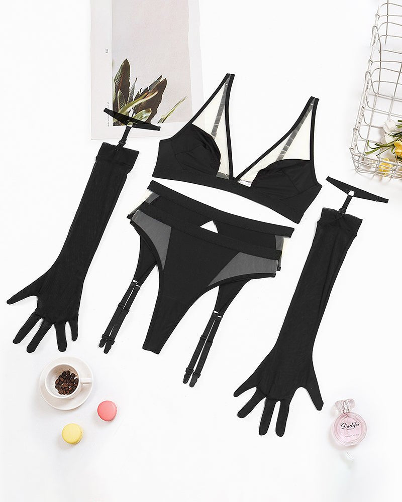 Crisscross Mesh Garter Bra Set - Lingerie Set for Women