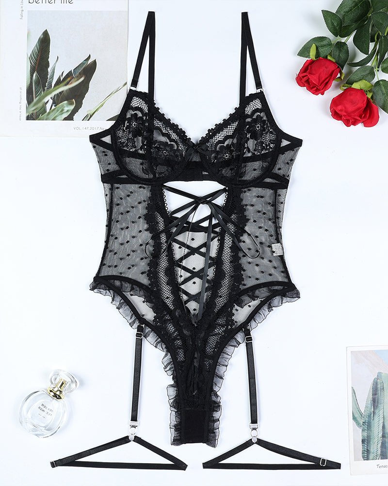 Cross Strap Cutout Lace Bodysuit - Lingerie Bodysuit for Women
