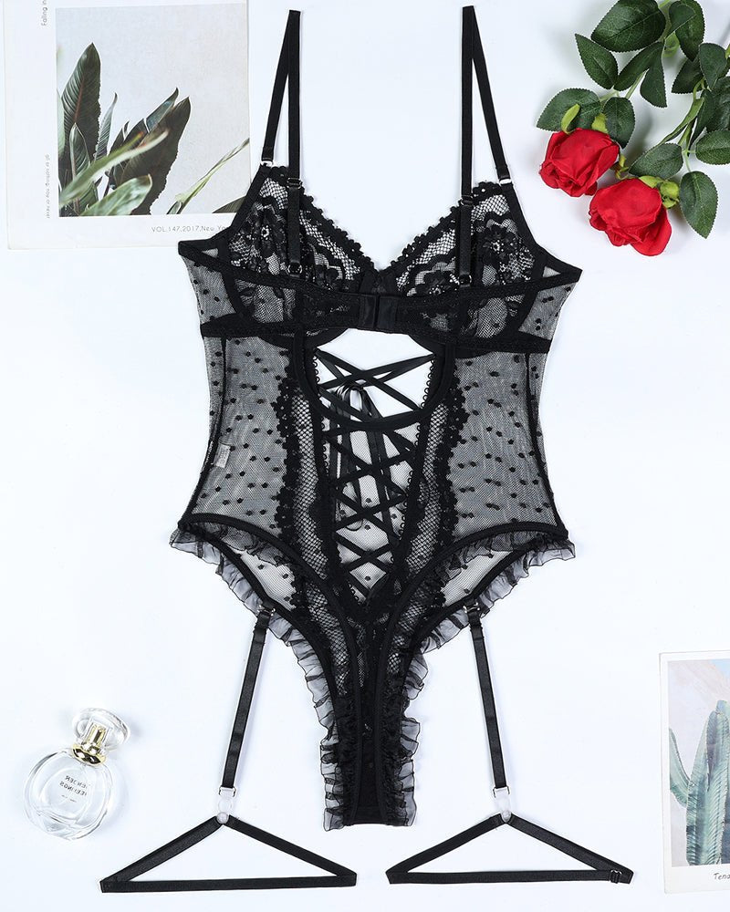Cross Strap Cutout Lace Bodysuit - Lingerie Bodysuit for Women