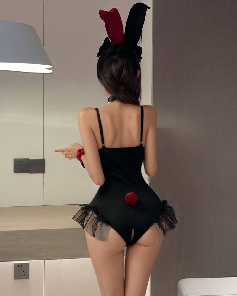 Crotchless Bunny Ears Bodysuit Set - Lingerie Bodysuit for Women
