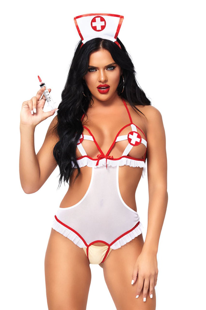 Crotchless Mesh Halter Nurse Bodysuit - Sexy Bodysuit Lingerie
