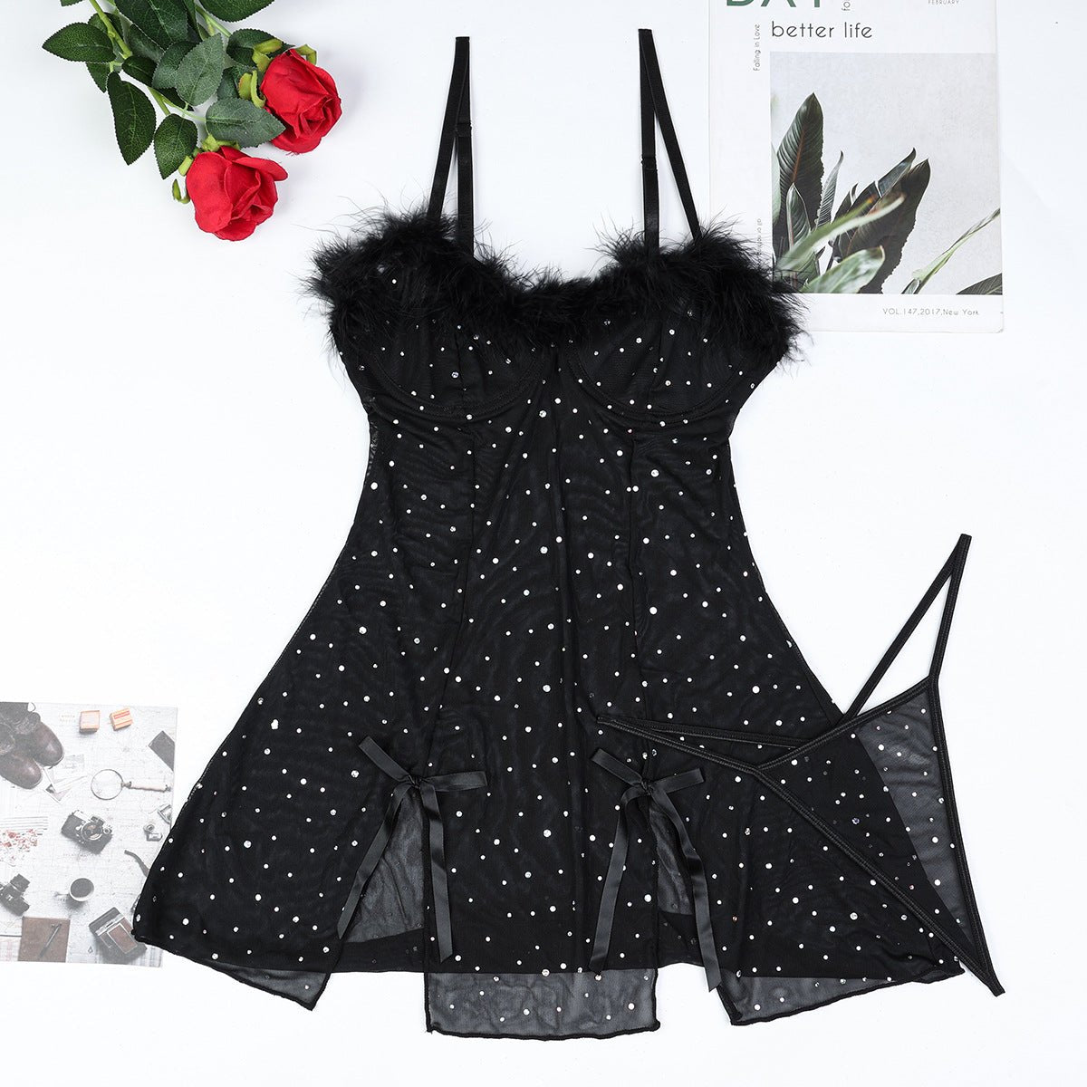 Crystal Feather Mesh Babydoll - Sexy Babydoll Lingerie