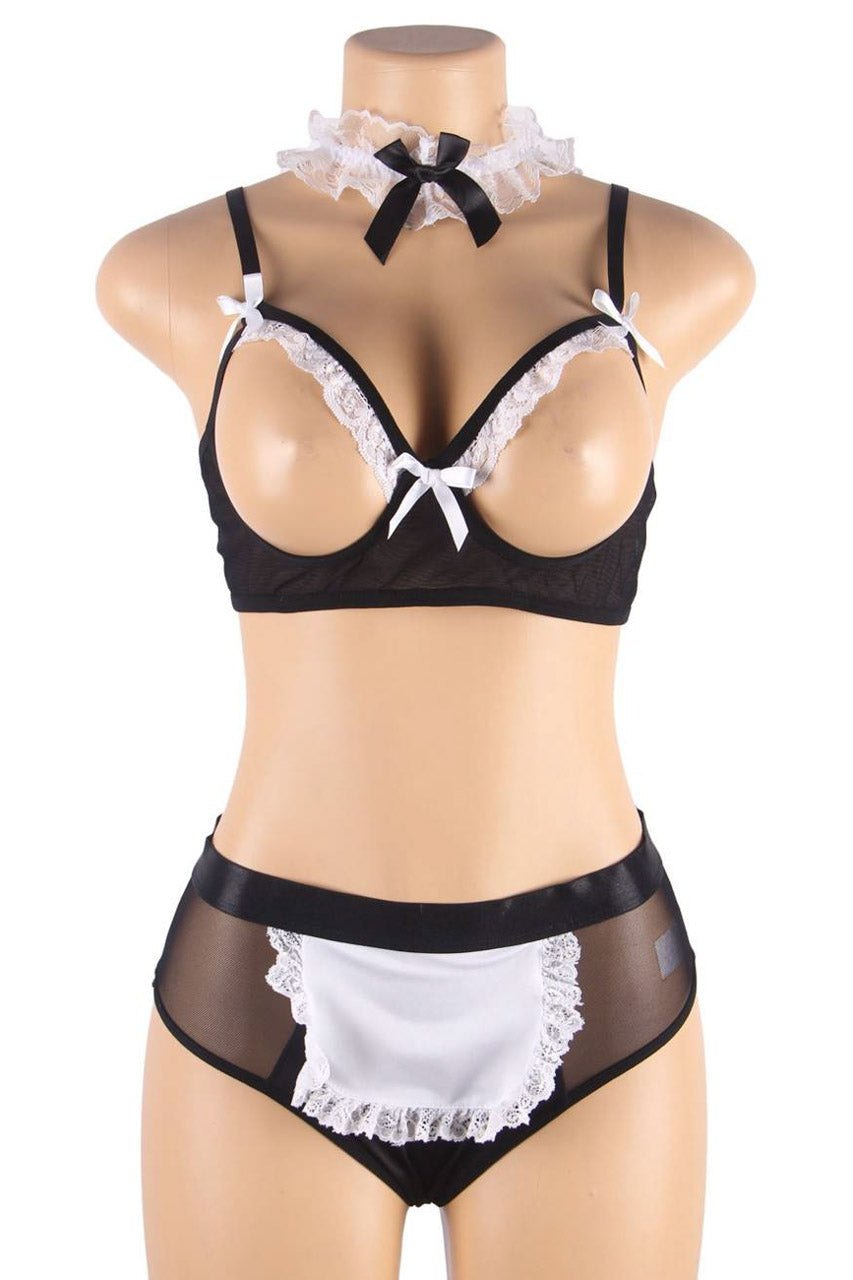 Cupless Lace Maid Bra Set with Choker - Maid Lingerie
