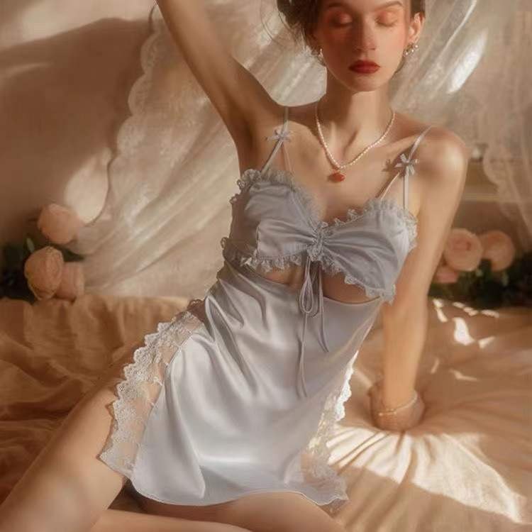 Cutout Ice Silk Split Nightgown - Sexy Sleepwear for Women