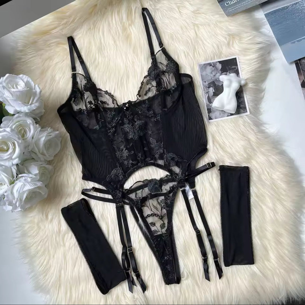 Cutout Lace Garter Bodysuit - Lingerie Bodysuit for Women