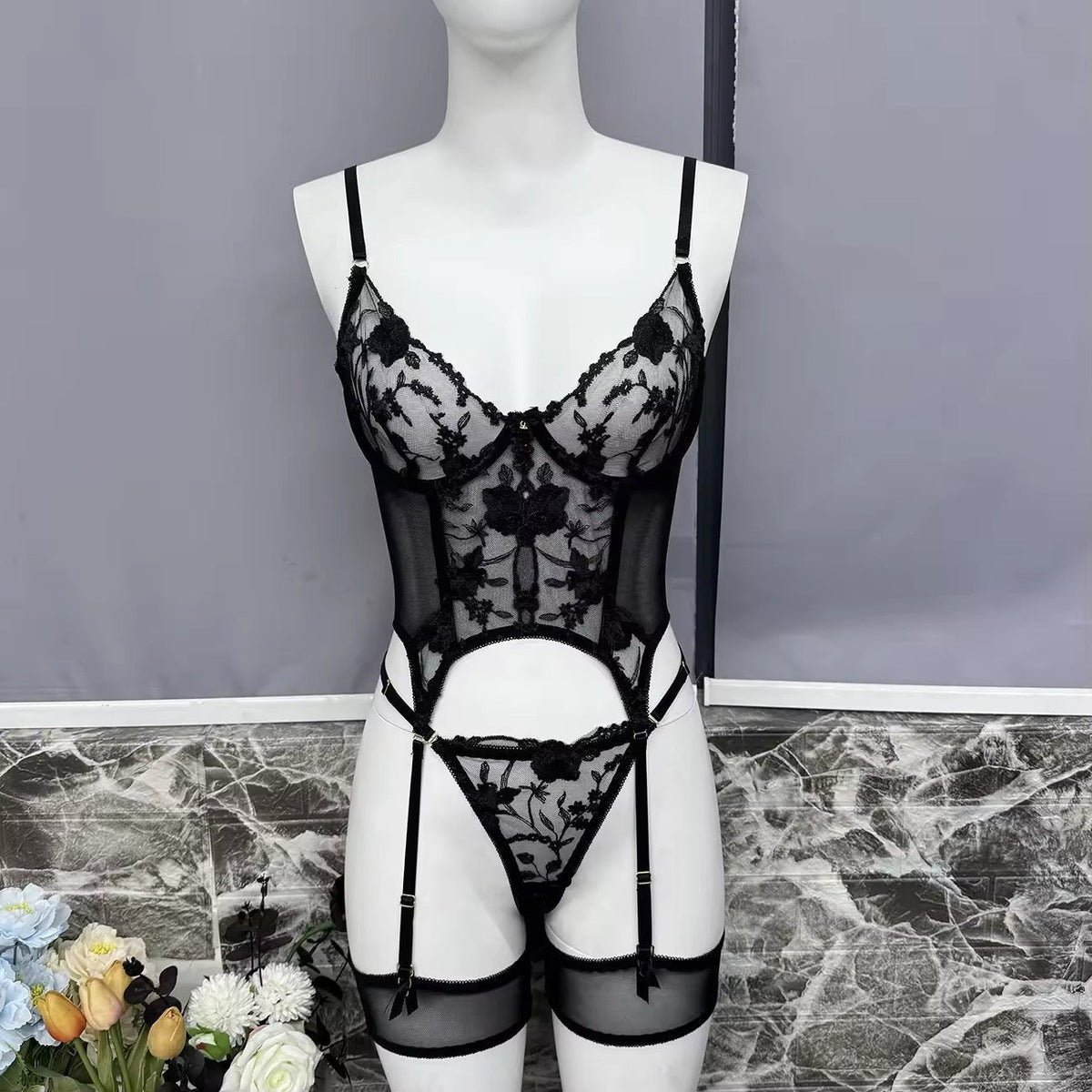 Cutout Lace Garter Bodysuit - Lingerie Bodysuit for Women