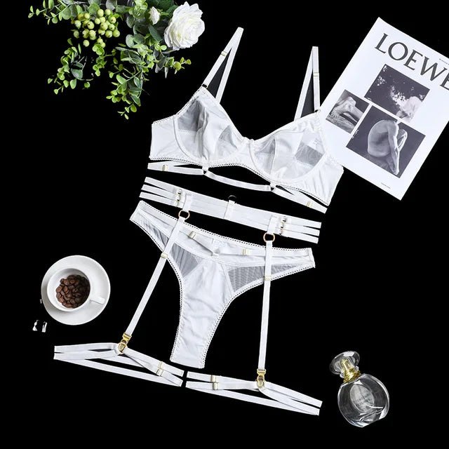 Cutout Mesh Harness Bra Set - Lingerie Set for Women