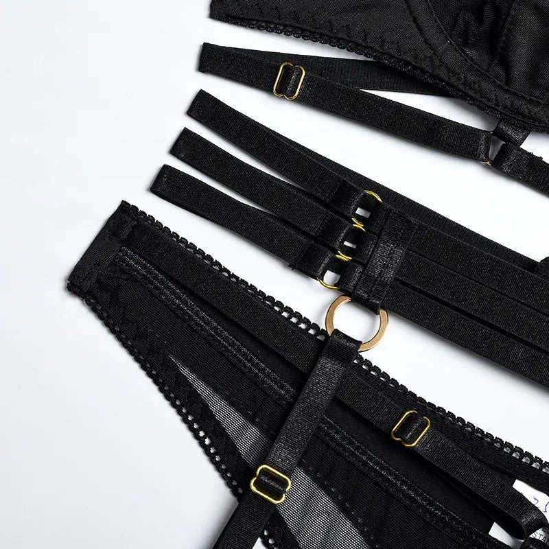 Cutout Mesh Harness Bra Set - Lingerie Set for Women