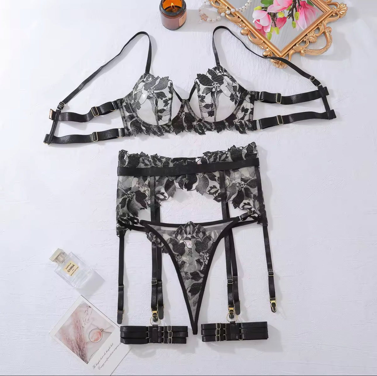 Cutout Strappy Lace Garter Set - Garter Lingerie Set