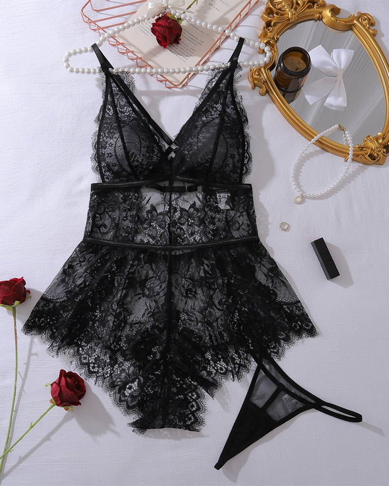 Deep V Eyelash Lace Babydoll - Sexy Babydoll Lingerie