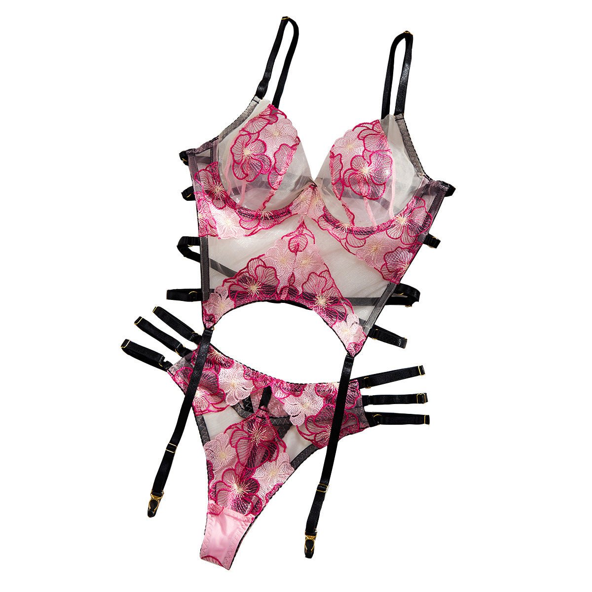 Deep V Floral Embroidered Garter Set - Garter Lingerie Set