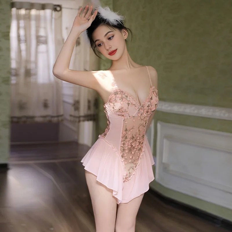 Deep V Floral Open Crotch Bodysuit - Sexy Babydoll Lingerie