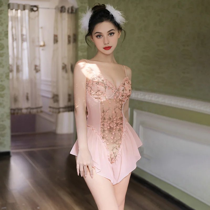 Deep V Floral Open Crotch Bodysuit - Sexy Babydoll Lingerie