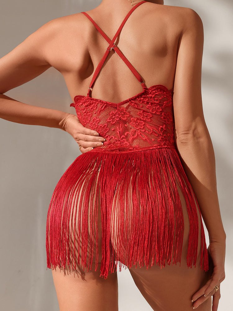 Deep V Fringe Lace Mini Dress - Sexy Lingerie Dress