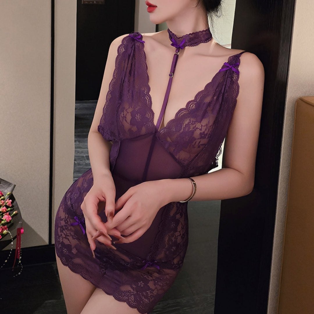 Deep V Lace Halter Nightdress - Sexy Nightgown Lingerie
