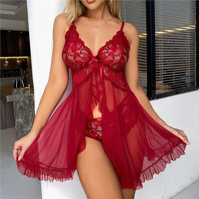 Deep V Lace Sheer Nightdress - Plus Size Lingerie