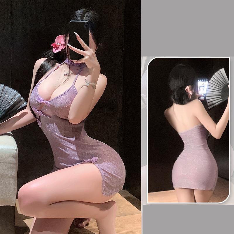 Deep-V Slant Cardigan Cheongsam - Chemise Lingerie