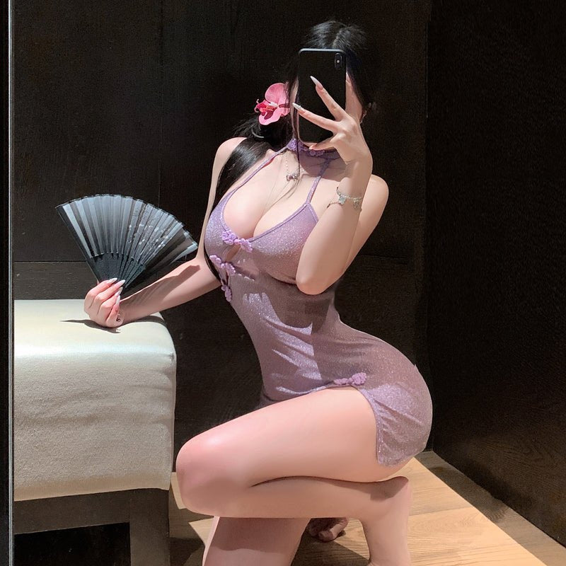 Deep-V Slant Cardigan Cheongsam - Chemise Lingerie
