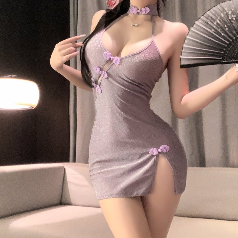 Deep-V Slant Cardigan Cheongsam - Chemise Lingerie