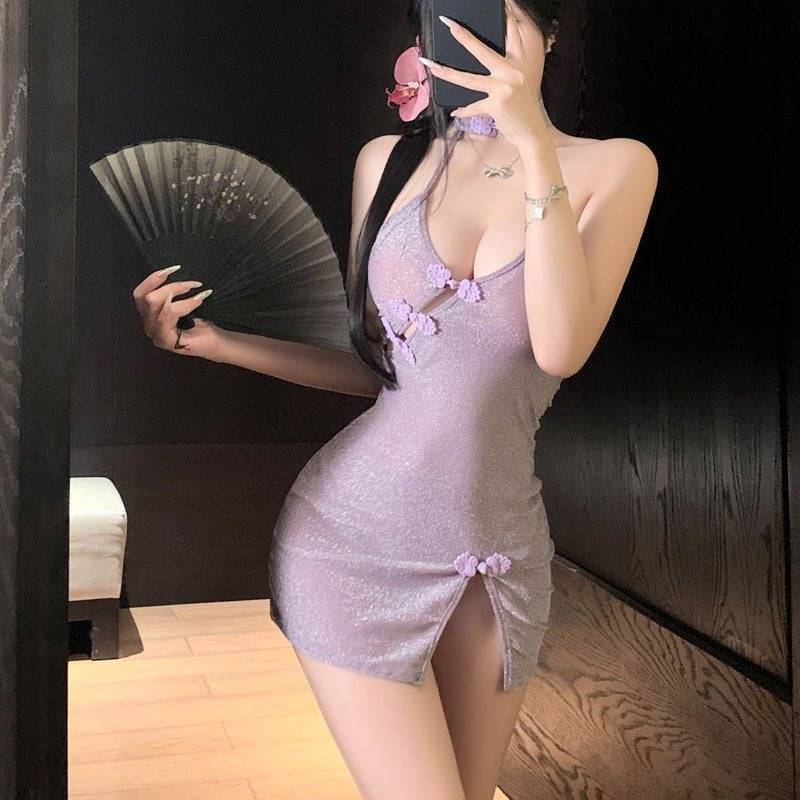 Deep-V Slant Cardigan Cheongsam - Chemise Lingerie