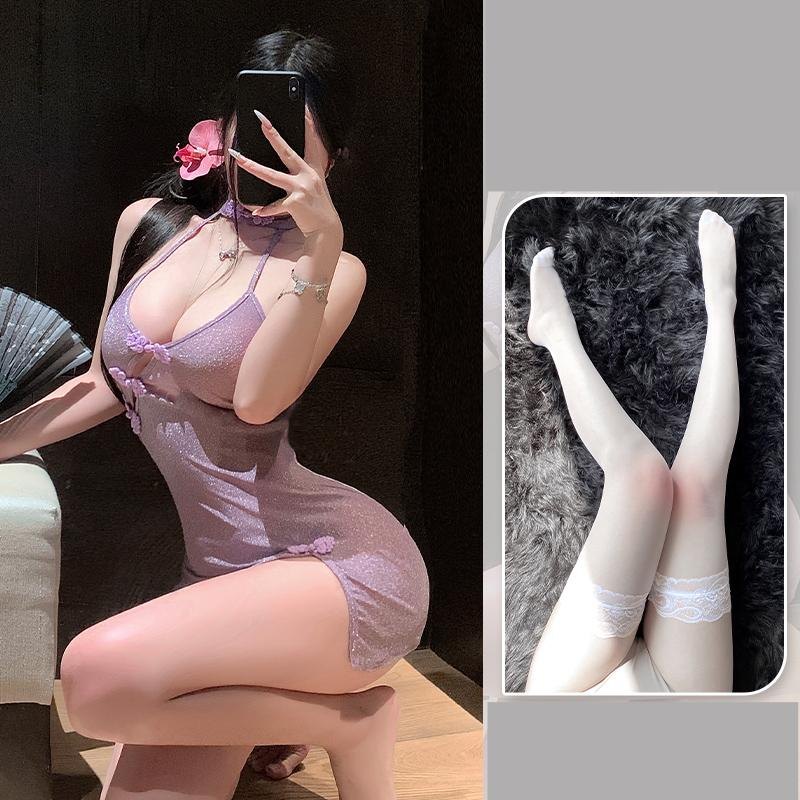 Deep-V Slant Cardigan Cheongsam - Chemise Lingerie
