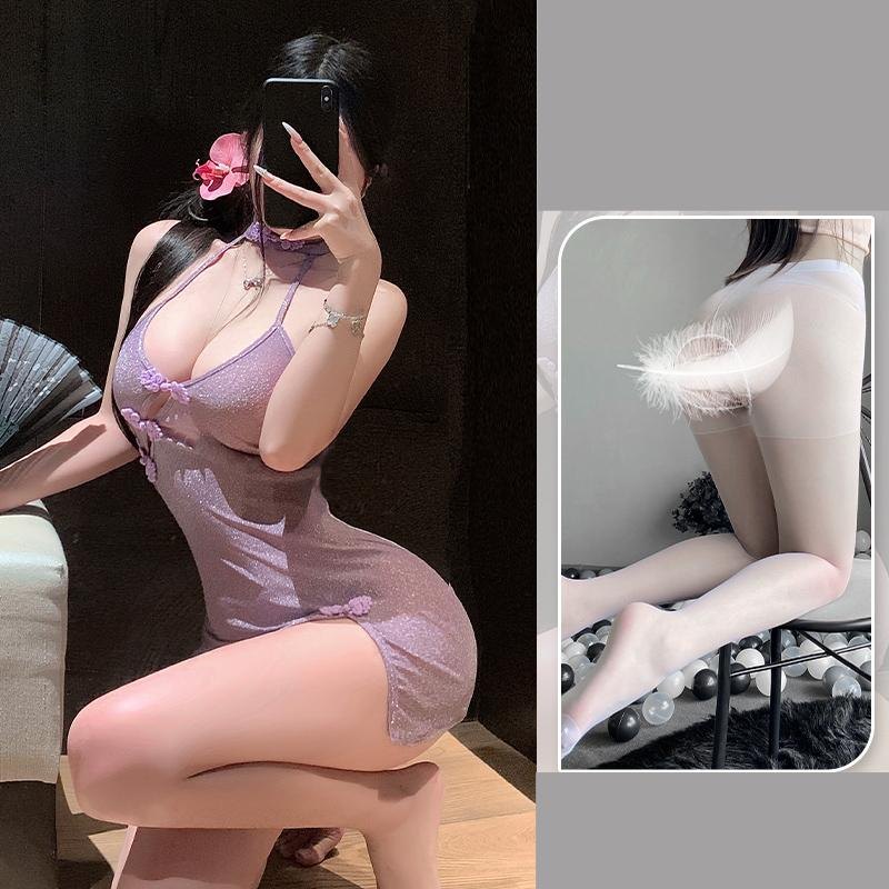 Deep-V Slant Cardigan Cheongsam - Chemise Lingerie