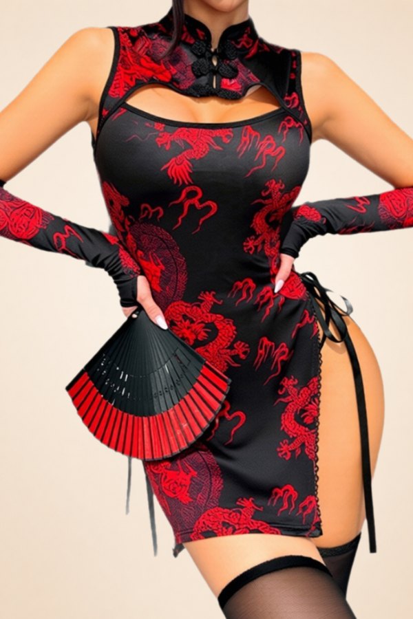 Dragon Print Side-Tie Cheongsam - Qipao Lingerie