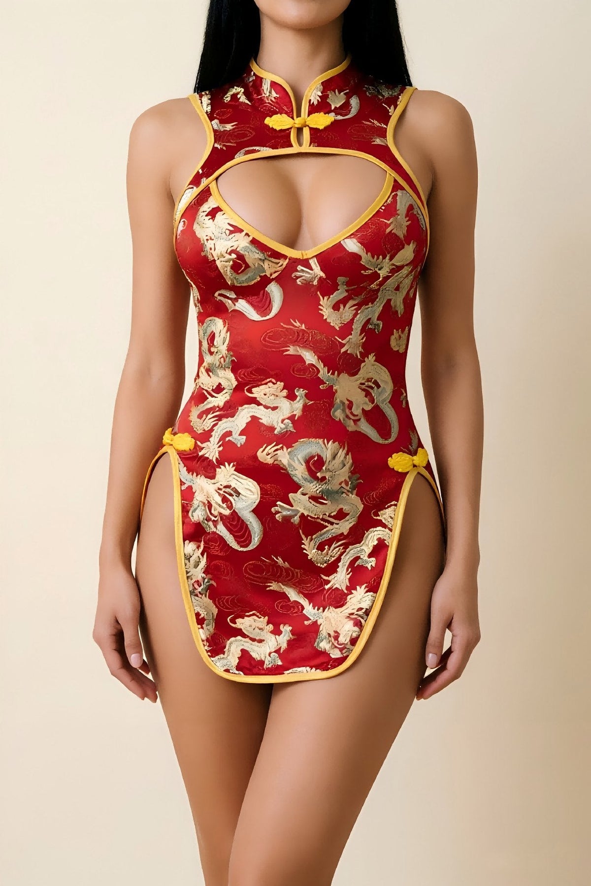 Dragon Print Slit Cheongsam - Chemise Lingerie