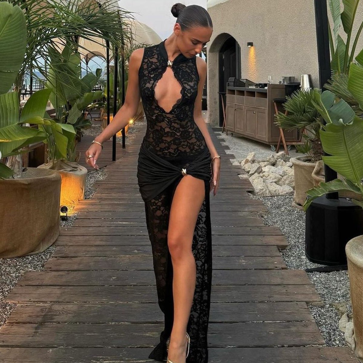 Floral Lace High Slit Gown - Sexy Lingerie Dress