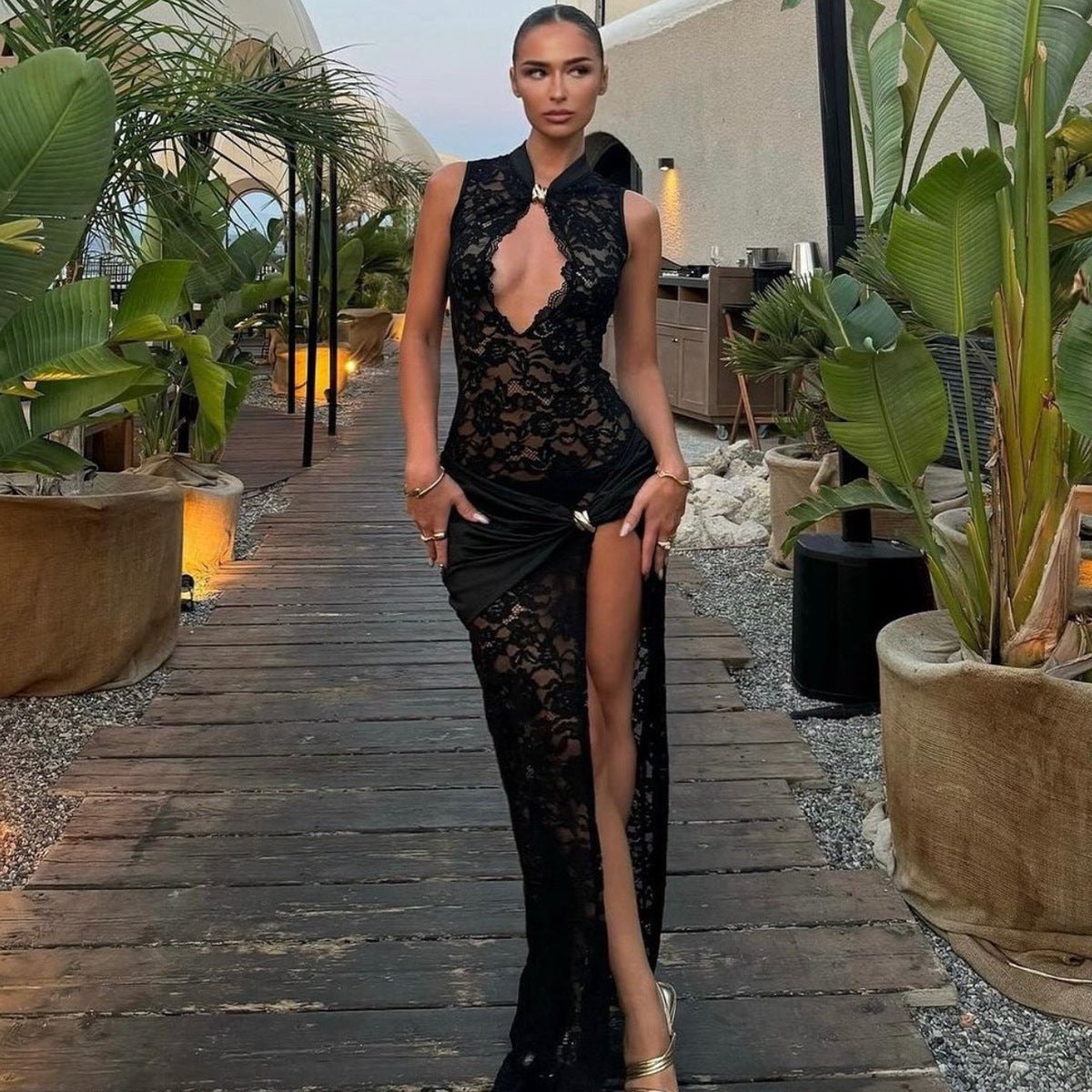 Floral Lace High Slit Gown - Sexy Lingerie Dress