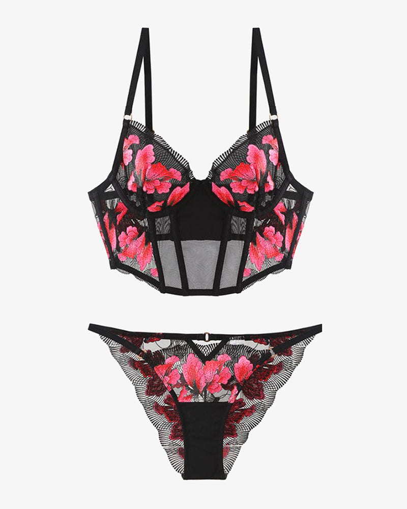 Embroidered Corset Bra and Panty Set - Lingerie Set for Women