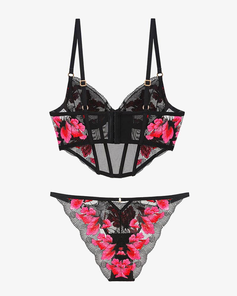 Embroidered Corset Bra and Panty Set - Lingerie Set for Women